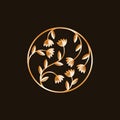 Vector ornament emblem with leaves and flowers. Ornate golden element.