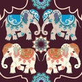 Vector ornament with funny indian elephants and flowers mandalas