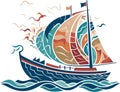 Vector ornamental ancient sailboat illustration. Abstract historical mythology ship logo. Good for print or tattoo