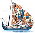 Vector ornamental ancient sailboat illustration. Abstract historical mythology ship logo. Good for print or tattoo