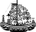 Vector ornamental ancient sailboat illustration. Abstract historical mythology ship logo. Good for print or tattoo