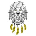 Vector ornamental Lion with dreamcatcher, ethnic patterned head.