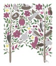 Vector ornate background with cute woodland owls, cuckoos, woodpeckers, leaves, flowers, insects. Funny forest scene with birds.