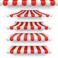 Vector outdoor awnings. Red and white stripes sunshades isolated on white background