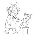 Vector outline animal doctor treating patient. Bear listening to catÃ¢â¬â¢s lungs. Cute funny characters. Medicine coloring page for