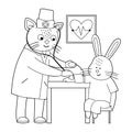 Vector outline animal doctor treating patient. Cat taking rabbitÃ¢â¬â¢s blood pressure. Cute funny characters. Medicine coloring page