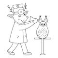 Vector outline animal doctor treating patient. Deer checking owlÃ¢â¬â¢s ears. Cute funny characters. Medicine coloring page for