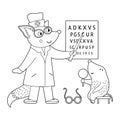 Vector outline animal doctor treating patient. Squirrel checking moleÃ¢â¬â¢s eyesight. Cute funny characters. Medicine coloring page