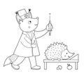 Vector outline animal nurse treating patient. Fox giving hedgehog an injection. Cute funny characters. Medicine coloring page for