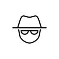 Vector outline anonymous icon. An incognito face in hat and glasses isolated on white background. Concept of anonymity, agent