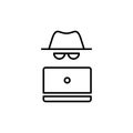 Vector outline anonymous icon. An incognito face in hat and glasses with laptop isolated on white background. Concept of web