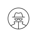 Vector outline anonymous icon. An incognito person in hat and glasses in circle frame isolated on white background. Concept of