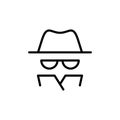 Vector outline anonymous icon. An incognito person in hat and glasses in coat isolated on white background. Concept of anonymity,