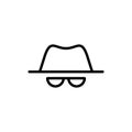 Vector outline anonymous icon. An incognito person in hat and glasses isolated on white background. Concept of anonymity, agent