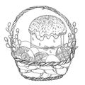 Vector outline basket with Easter cake or Paska, Ukrainian Easter egg Pysanka and willow twig in black isolated on white.