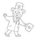 Vector outline bear doctor going with first aid kit and waving his hand. Cute funny animal character. Medicine coloring page for