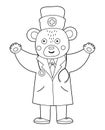 Vector outline bear doctor in medical hat with stethoscope. Cute funny animal character. Medicine coloring page for children.