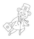 Vector outline bear doctor running with stethoscope and first aid kit. Cute funny animal character. Medicine coloring page for