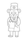 Vector outline bear doctor with stethoscope writing an anamnesis. Cute funny animal character. Medicine coloring page for children