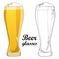 Vector outline beer glass in black and in color on white background. Glasses in contour style with lager beer with foam.