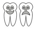 Vector outline cartoon illustration of healthy tooth and rotten tooth