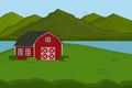 Vector outline cartoon summer spring landscape countryside scene with field house river illustration. Hand drawn doodle red barn,