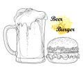 Vector outline classic hamburger with grill beef and beer mug with foam in black isolated on white background. Fast food drawing. Royalty Free Stock Photo