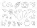 Vector outline collection of autumn halloween icons: pumpkin, ghost, moon, bat, spider, pot, sceleton, rowan, fallen Royalty Free Stock Photo