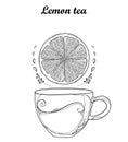 Vector outline cup of Lemon herbal tea and Lemon slice in black isolated on white background. Composition with tropical citrus. Royalty Free Stock Photo