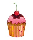 Vector outline cupcake with Cherry ripe berry isolated on white background. Drawing of cake with cherry fruit in contour.