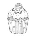 Vector outline cupcake with Raspberry ripe berry in black isolated on white background. Drawing of cake with raspberry. Royalty Free Stock Photo