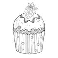 Vector outline cupcake with Strawberry ripe berry in black isolated on white background. Drawing of cake with strawberry.