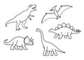 Vector outline dinosaurs - T-rex, Brachiosaurus, Pterodactyl, Triceratops, Stegosaurus. Cute flat dinosaurs isolated