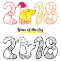 Vector outline dog head in Santa hat and number 2018 in black and yellow isolated on white background. Chinese New Year symbol. Royalty Free Stock Photo