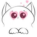 Vector outline drawing cat face with paws and pink hearts