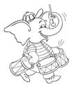 Vector outline drawing isolated on white. A cheerful baby elephant plays the drums. Cartoon baby elephant with drums Royalty Free Stock Photo