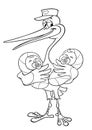 Vector outline drawing of a stork with a baby, isolated on white. Stork with twins. Cartoon stork with a newborn Royalty Free Stock Photo