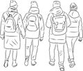 Vector outline drawing of students friends walking outdoors