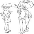 Vector outline drawing of teen students standing under umbrellas
