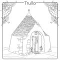 Vector outline drawing of Trulli or Trullo house with round conical roof in black isolated on white background.