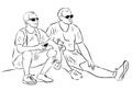 Vector outline drawing two friends tourists resting during a stroll