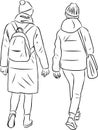 Vector outline drawing of two teen girls walking outdoors