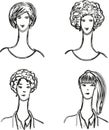 Vector outline drawings of doodle portraits young modern women