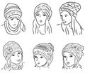 Vector outline drawings of female heads in various knitted hats for cold season