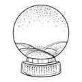 Vector outline empty snow globe or snowball with falling snowflakes in black isolated on white background. Contour decoration.