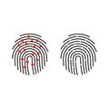 Vector outline fingerprint icon. Single thumbprint hand sign with dashed line and match marks. Biometric identity scan