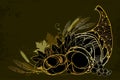 Vector outline gold Cornucopia or Horn of plenty full of pumpkin, berry, wheat and maple leaf on the black background. Royalty Free Stock Photo