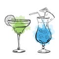 Vector outline hand drawn margarita and blue curacao coctails for posters and cards. With color spots