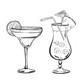 Vector outline hand drawn margarita and blue curacao coctails for posters and cards