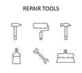 Vector outline icon with repair tools: hummer, wrench, paint roller, putty knife, nail puller